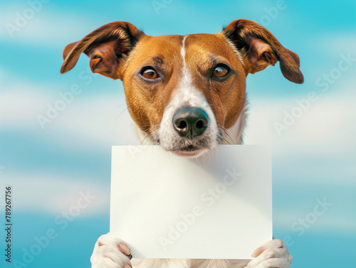 Dog holding a white square piece against a natural background © Olga Nevskaya
