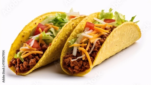 Mexican tacos with beef, cheese and vegetables on a white background