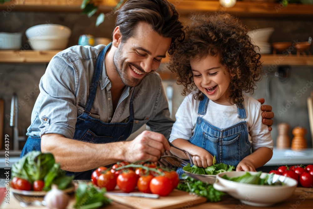 Happy father and daughter are cooking together in the kitchen at home. Happy father and daughter are cooking together in the kitchen at home.