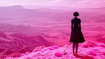 Leinwandbilder Rosa Woman in Black Dress and Heels Viewing a Pink and Purple Surreal Landscape  © Meow Creations