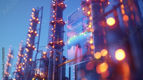 Oil refinery plant at night with illuminated stock market chart display, industrial energy production and financial market data concept