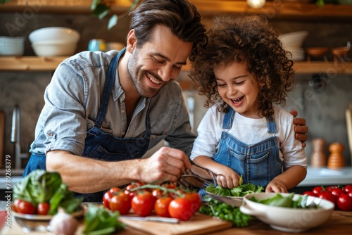 Happy father and daughter are cooking together in the kitchen at home.