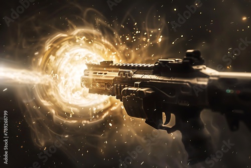 : A machine gun with a holographic sight, surrounded by a halo of light and energy