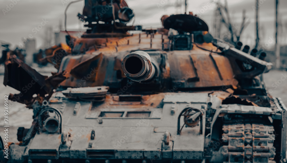 damaged military tank on a city street in Ukraine