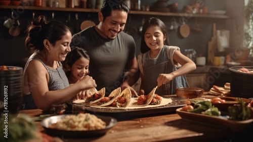 happy asian family cooking tacos together at home kitchen, selective focus photo