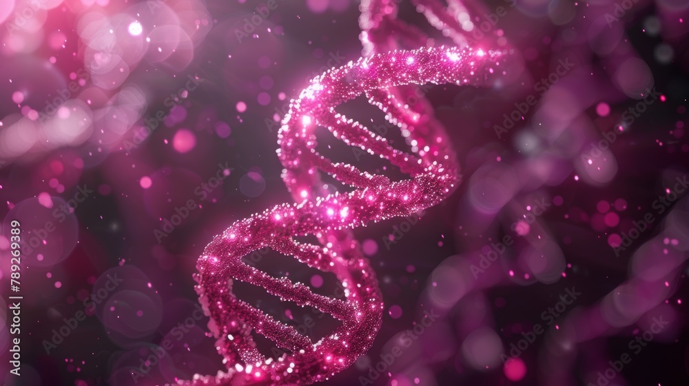 Glowing pink DNA double helix strands with bokeh background. Concept of genetic engineering, science research, and discovery. Glowing pink DNA double helix strands with bokeh background. Concept of genetic engineering, science research, and discovery.