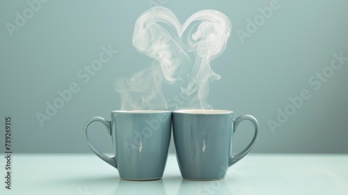 Steaming heart shaped mugs, cozy coffee cups with love concept, romantic morning beverages