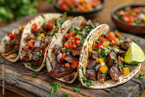 Mexican tacos with beef and vegetables on rustic wooden background.