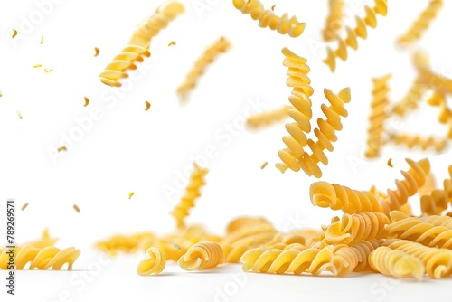 Falling raw Fusilli, Rotini, uncooked Italian Pasta, isolated on white background, clipping path, full depth of field - generative ai