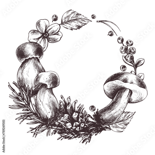 Forest mushrooms, boletus and blueberries, lingonberries, twigs, cones, leaves. Graphic illustration hand drawn in black ink. Wreath, frame, template EPS vector.