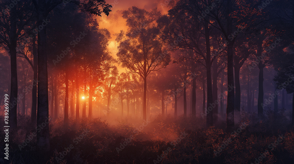 A photo of a dense forest with the sun shining through the trees.

