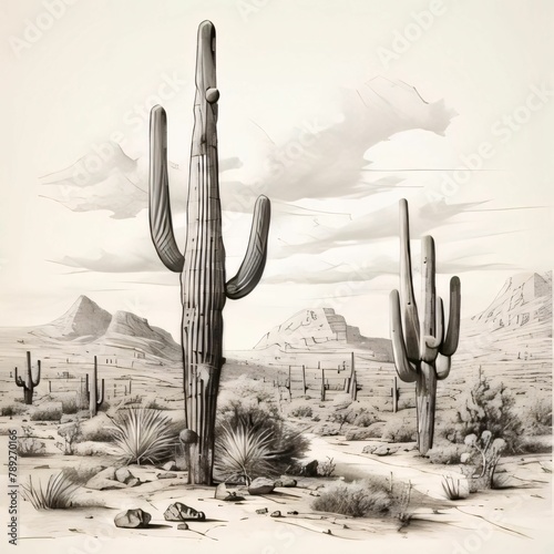 Saguaro cactus in the desert, drawing by hand.