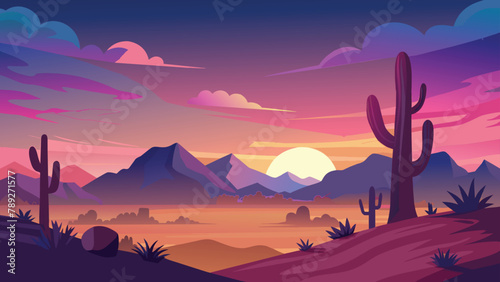 Majestic desert sunset with cacti and mountain backdrop  vector cartoon illustration.