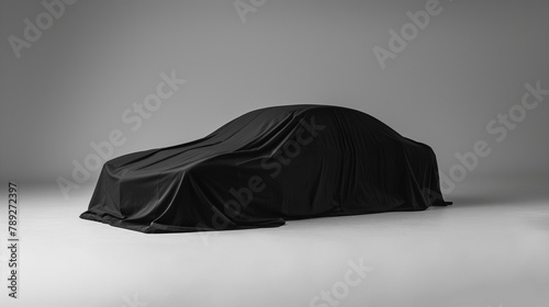 A black car is covered with a black cloth cover