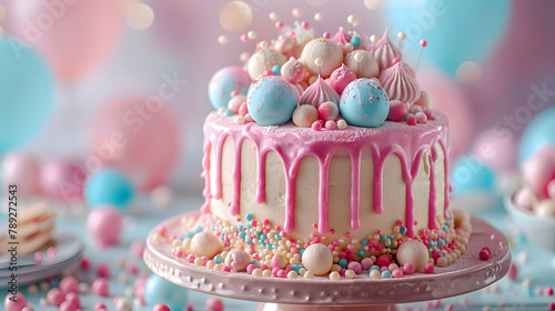 A beautifully decorated cake, with pastel colors as the background, during a birthday celebration