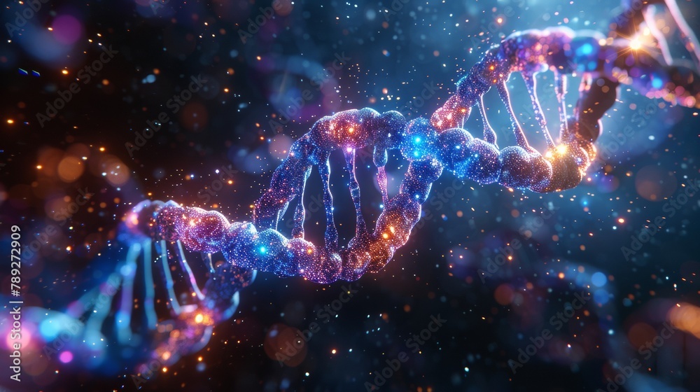 A luminous DNA strand twists against a cosmic backdrop A luminous DNA strand twists against a cosmic backdrop