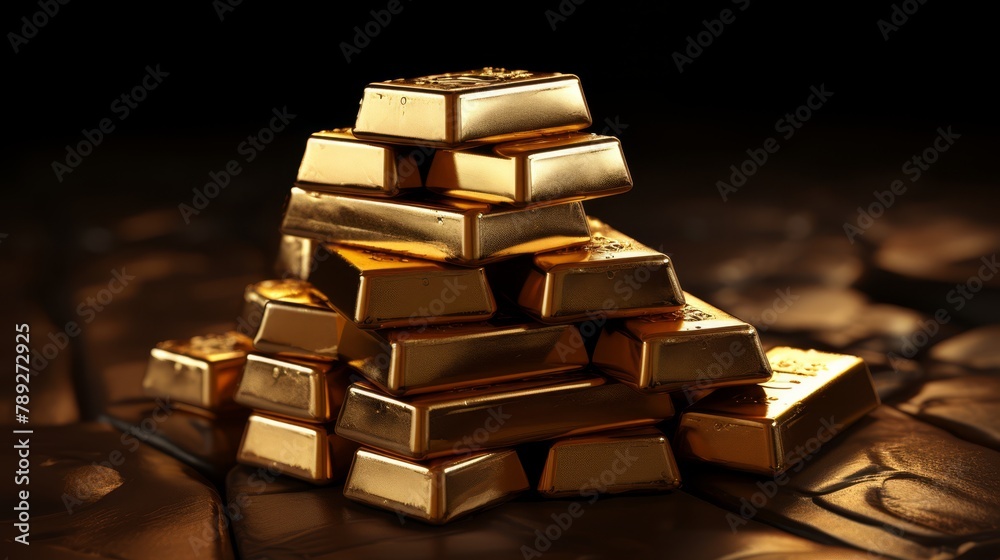 Realistic 3D gold bars stacking rhythmically to beats of market data,