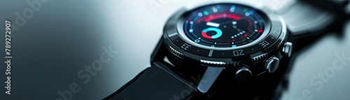 A close up of a black wristwatch with a blue and red display.