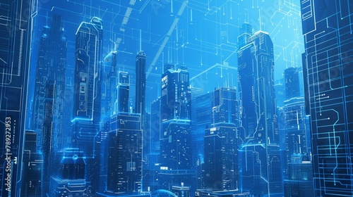 A digital city with blue glowing lines representing a futuristic technology