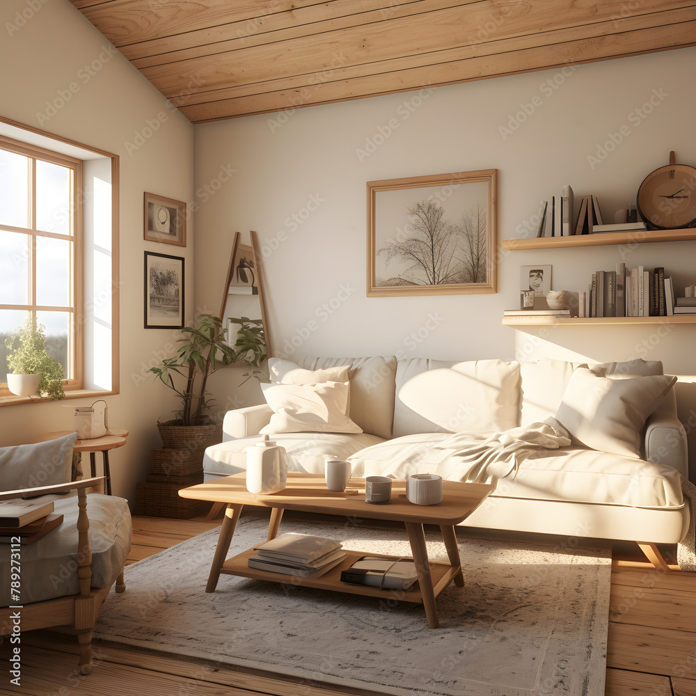 a living room in American farmhouse style, simple long sofa with window a living room in American farmhouse style, simple long sofa with window