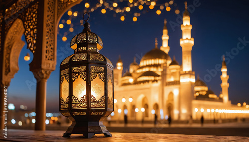 A mosque in the night of Ramadan. Arab lantern with a light inside in the night on background of lights and bokeh.  © 360VP