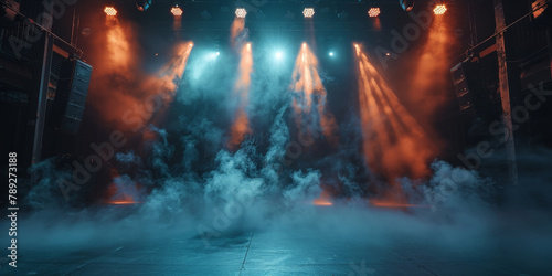 Empty concert stage with illuminated spotlights and smoke. Stage background , white spotlight and smoke 