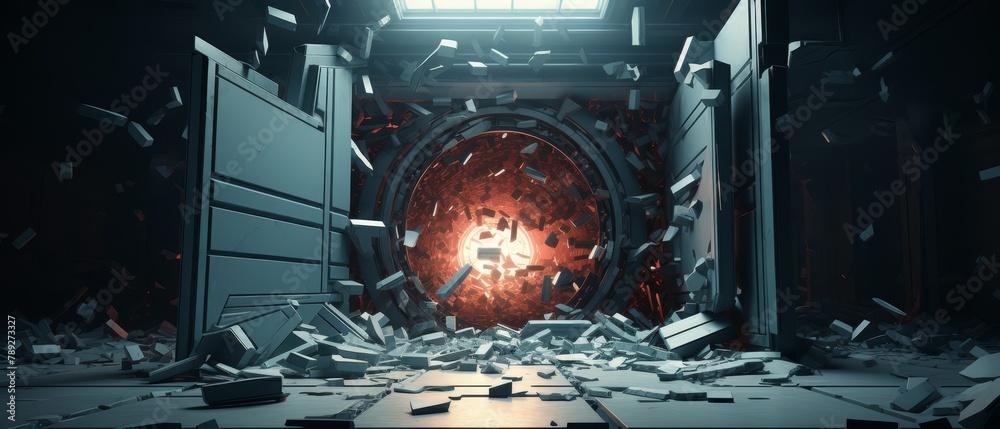 Realistic 3D minimalist scene of a broken bank vault door, financial ...