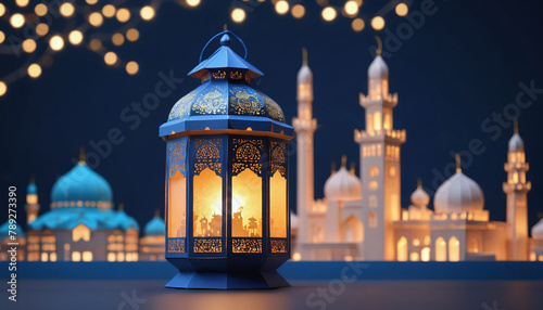 A mosque in the night of Ramadan. Arab lantern with a light inside in the night on background of lights and bokeh.  photo