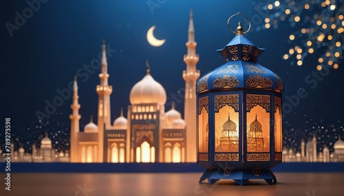 A mosque in the night of Ramadan. Arab lantern with a light inside in the night on background of lights and bokeh.  © 360VP