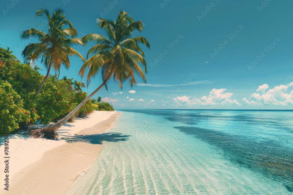 beautiful tropical beach with palm trees and clear turquoise water on the island. summer holidays. exotic island vacation