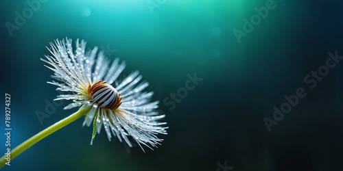 A dandelion covered in water droplets. An abstract close-up of a dandleion against a blue backdrop  designed as a serene horizontal wallpaper with ample text space.