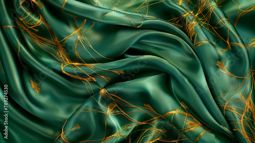 An artistic depiction of of a lush, emerald green silk fabric with woven gold threads creating abstract floral patterns. as seen in an image.