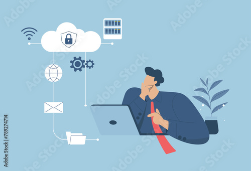 Technology cloud computing service server storage concept and cloud security, Secure connection, Storage of important data, Woman uses laptop to work in social media.  Vector design illustration.