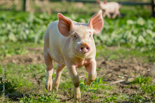 Wild feral hog, pig or swine (sus scrofa) sow running in an open field