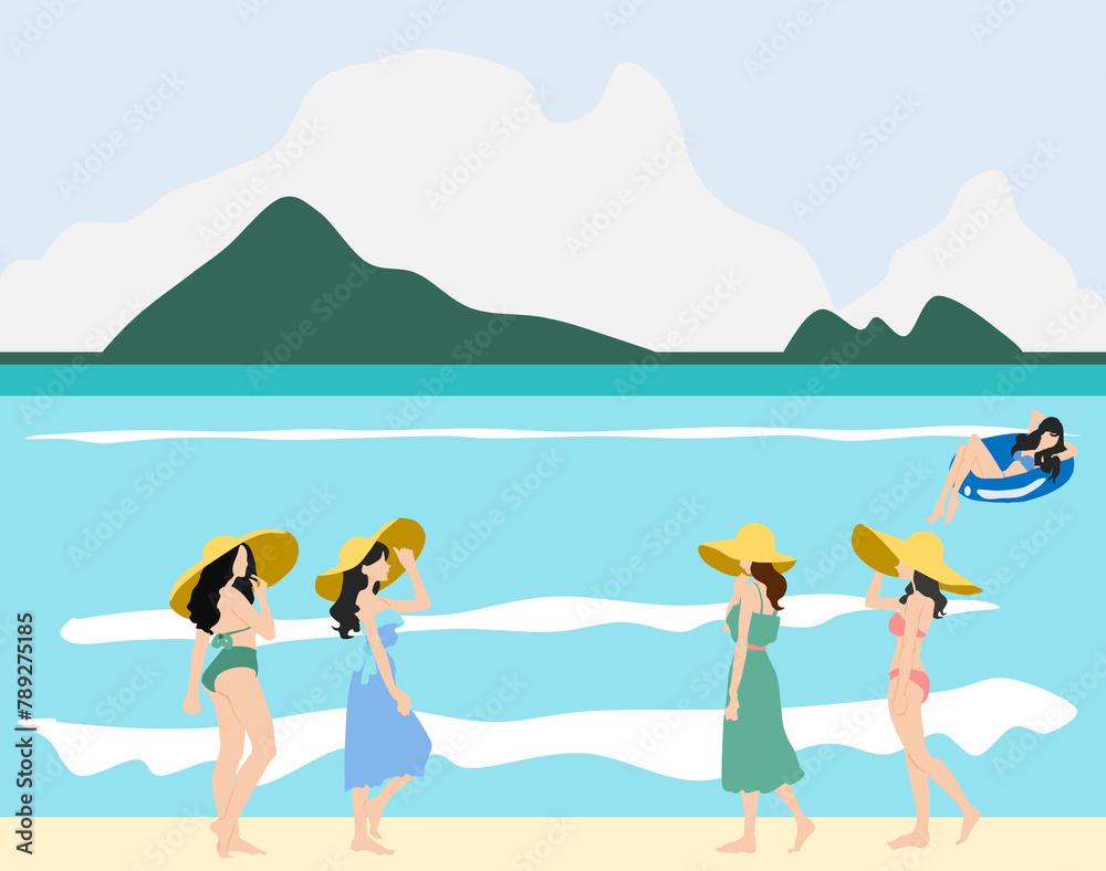夏の海で遊ぶ女性たちのイラスト