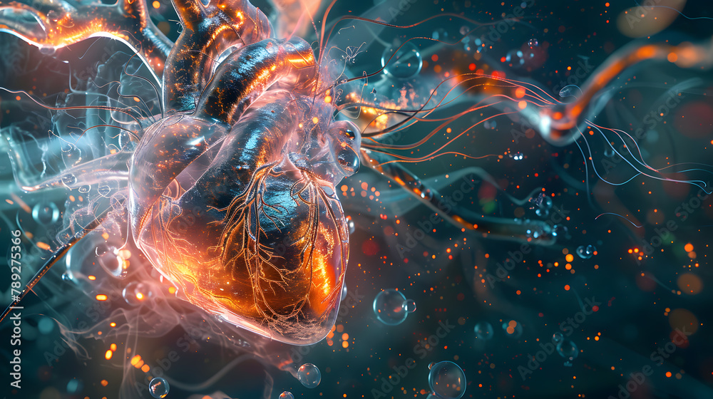 Abstract Interpretation Of The Human Heart, Where Veins Of Light Pulse With The Rhythm Of Life, Branching And Converging In A Network Of Interconnected Emotions