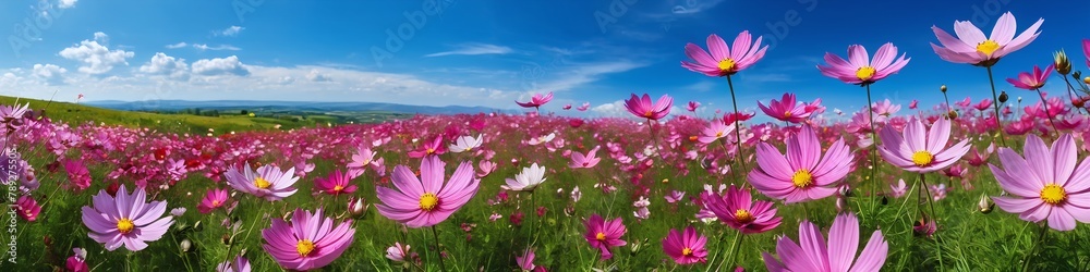 Beautiful cosmos pink flowers blooming in garden against the bright blue sky. Cosmos Flower field on blue sky background,spring season flowers