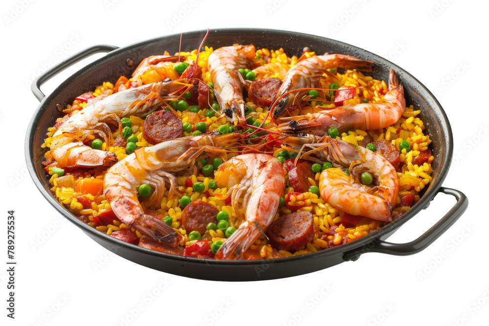 Paella Valenciana: A Spanish rice dish containing shrimp, chorizo, and saffron, in a traditional pan. Paella Valenciana: A Spanish rice dish containing shrimp, chorizo, and saffron, in a traditional pan.