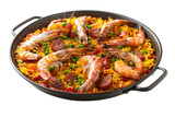 Paella Valenciana: A Spanish rice dish containing shrimp, chorizo, and saffron, in a traditional pan.
