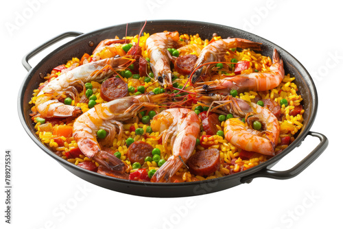 Paella Valenciana: A Spanish rice dish containing shrimp, chorizo, and saffron, in a traditional pan.