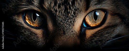Feline eyes in the dark, panoramic view, generated ai