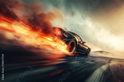 : A dramatic shot of a race car zooming around a sharp turn, with tires squealing and smoke billowing behind