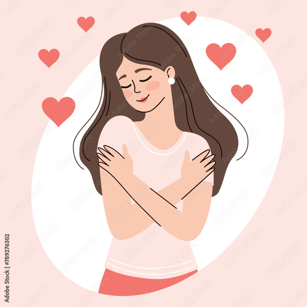 Woman hugging herself. Concept of self-love, body positivity.Woman self care. People concept. Vector illustration. Woman hugging herself. Concept of self-love, body positivity.Woman self care. People concept. Vector illustration.