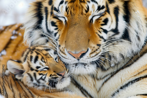 Tiger cub nestled against its mother  emphasizing safety and bond