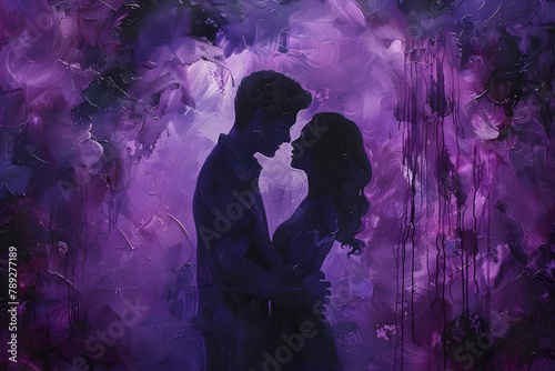 Embracing Silhouettes Amid a Deep Purple Backdrop,Capturing the Essence of Tender Intimacy and Passionate Affection photo
