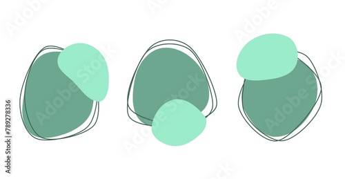 Flat geometric shapes in green and mint colors with outline in memphis style, set of minimal backgrounds with abstract shapes