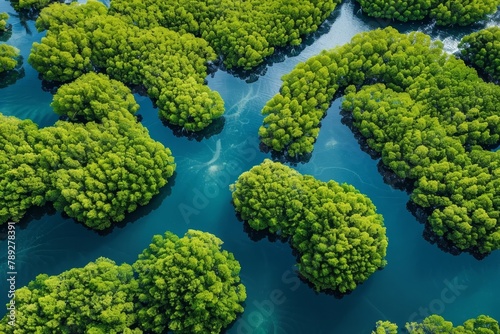 Carbon neutral concept  drone view of dense mangrove forest capturing co2 for net zero emissions photo