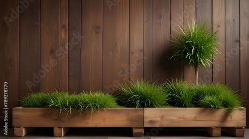 Green grass and plant and white wood pallet decoration on the wall .Generative AI