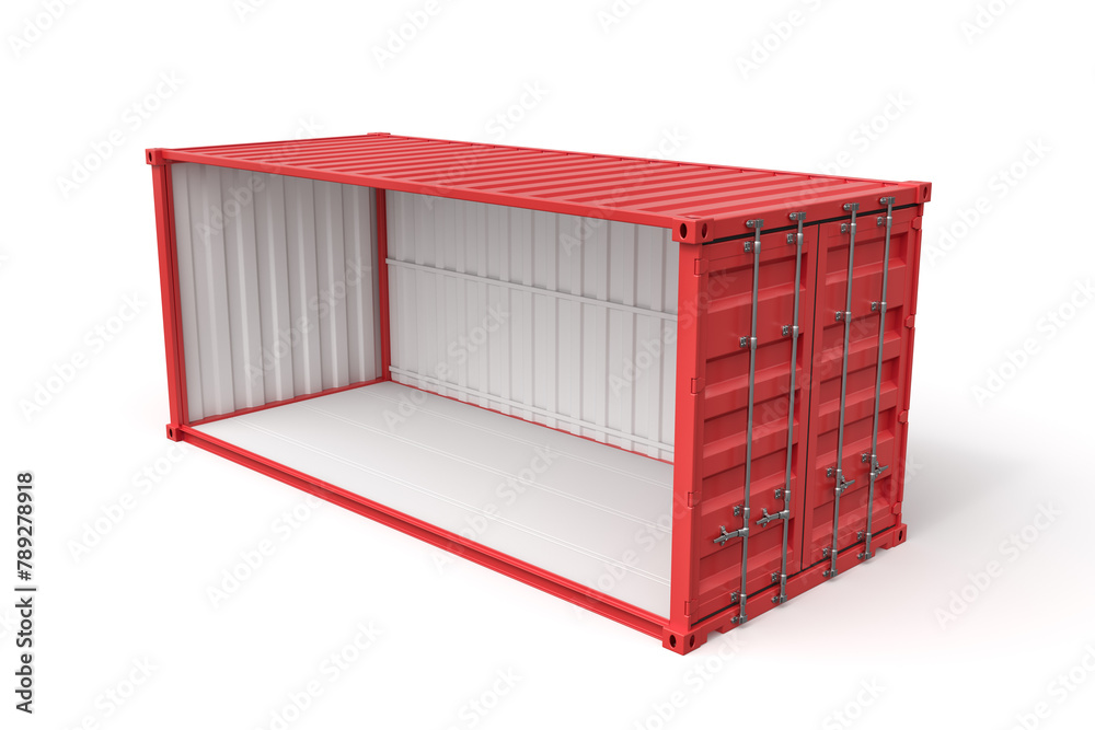 3d rendering of open empty red shipping container side view isolated on white background 3d rendering of open empty red shipping container side view isolated on white background