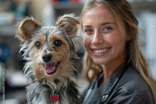 Beautiful woman vet strokes a cute dog. Adopt Dog concept.